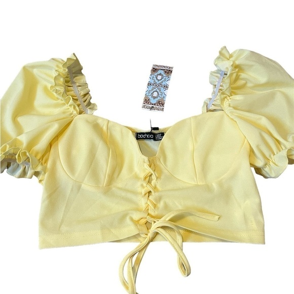 BooHoo Yellow Corset Puff Sleeve Top - Picture 1 of 4